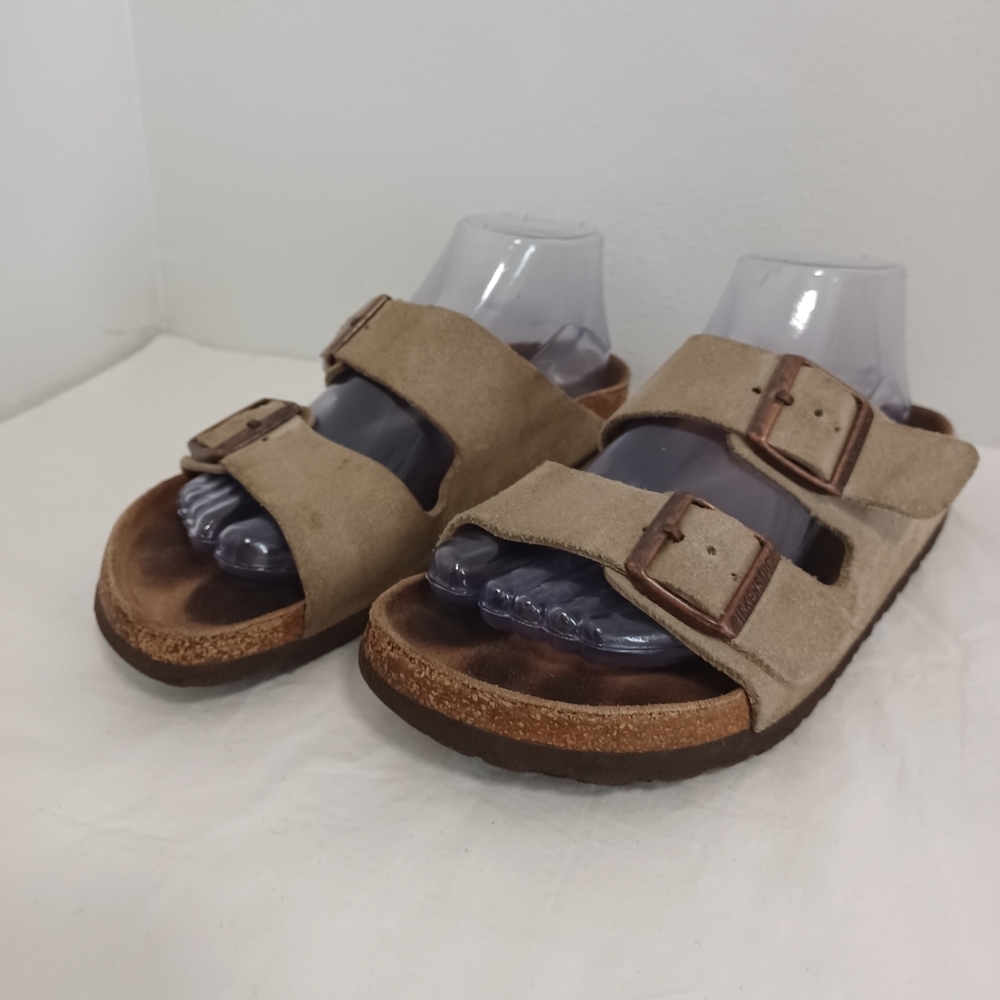Birkenstock Arizona slide Sandals Olive Green Doble Buckle Suede Leather Sz 39